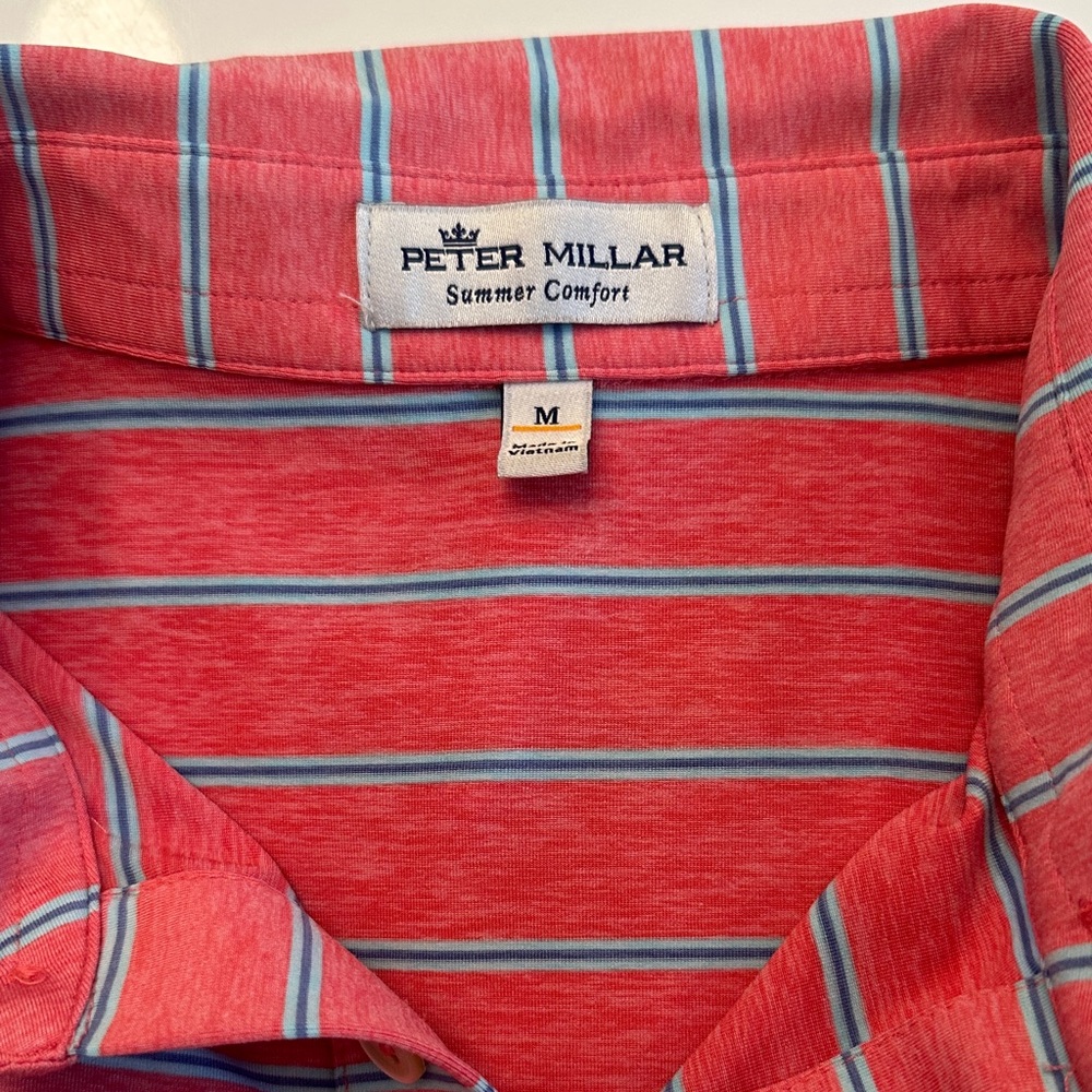 Peter Millar Coral Polo with Blue and White Stripes